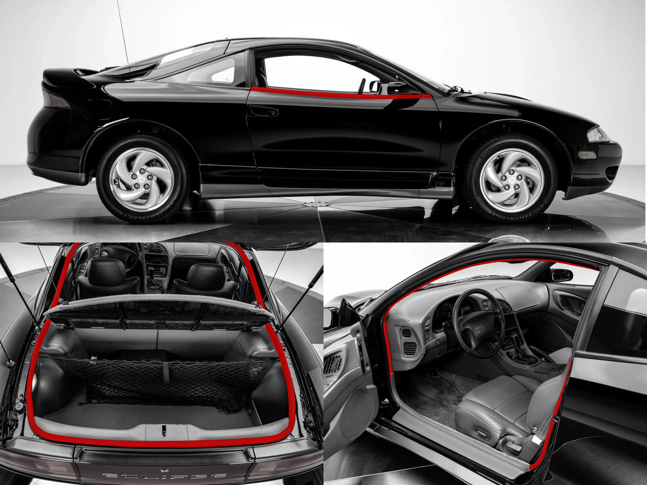 三菱Eclipse DSM 2G密封條套裝，包含車門密封條（車身側窗+外側）和後備箱密封條。