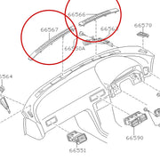 A black and white exploded parts diagram of a vehicle dashboard, highlighting two specific trim pieces with red circles and reference numbers 66566 and 66567.