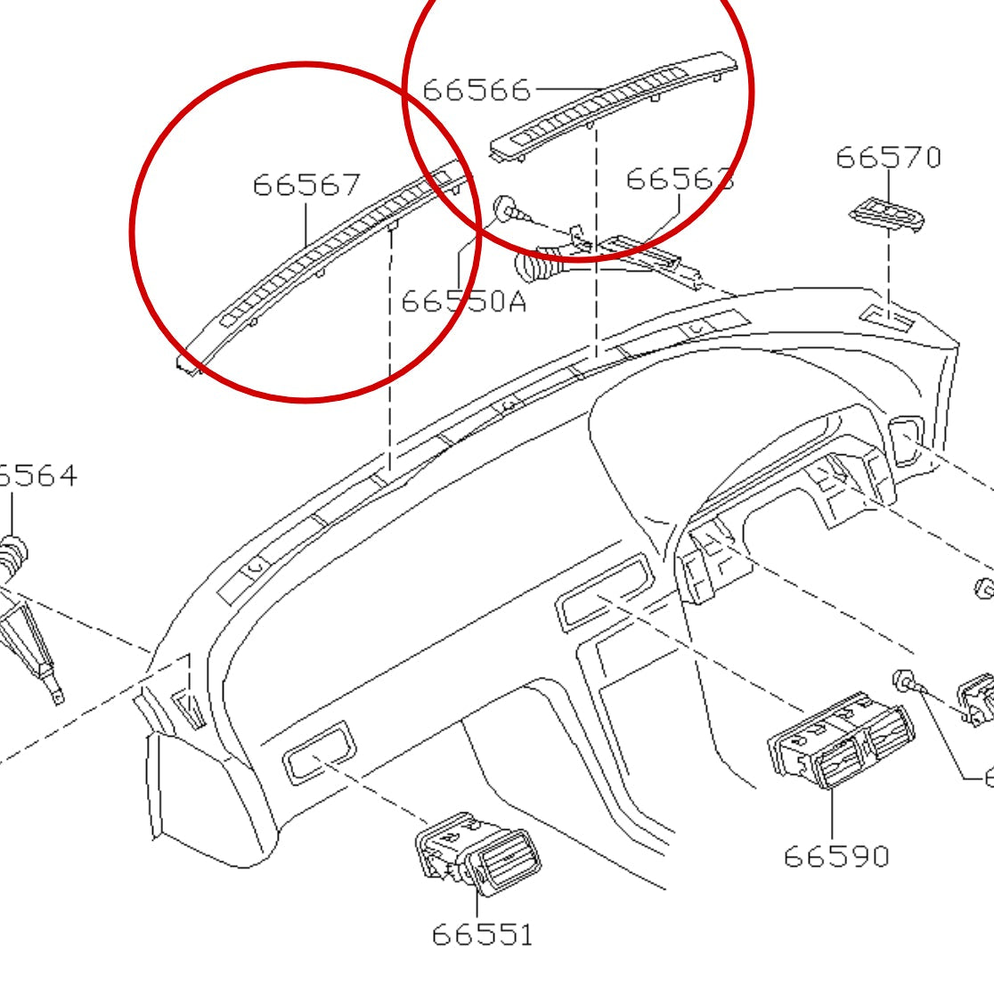 A black and white exploded parts diagram of a vehicle dashboard, highlighting two specific trim pieces with red circles and reference numbers 66566 and 66567.