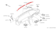 A black and white exploded parts diagram of a vehicle dashboard, showing various components with red-highlighted numbers and labels, including wiper arms and connectors.