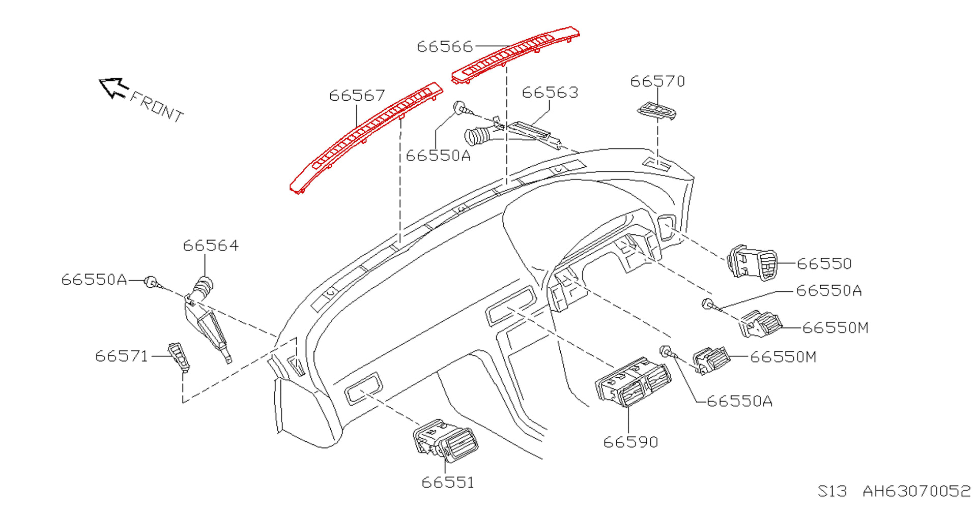 A black and white exploded parts diagram of a vehicle dashboard, showing various components with red-highlighted numbers and labels, including wiper arms and connectors.