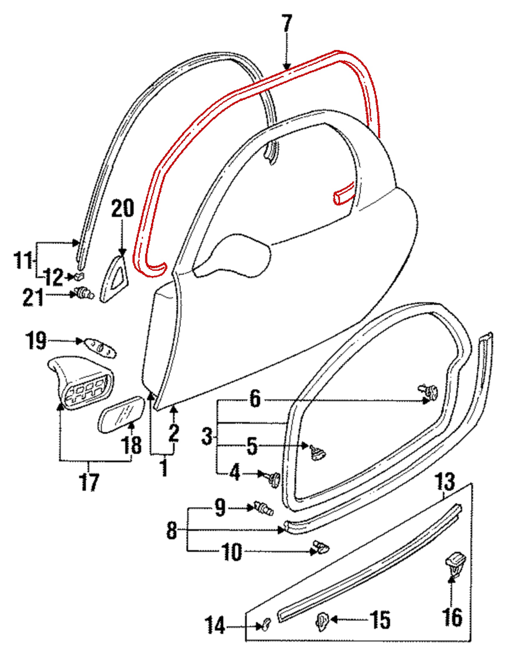 An exploded parts diagram of an RX7 FD3S car door assembly with numbered callouts and a red highlight around the outer door seal, on a white background.