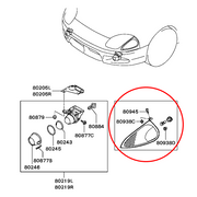 Black-and-white exploded parts diagram showing a curved automotive trim or bumper component, with a highlighted inset circled in red and labeled with part numbers.