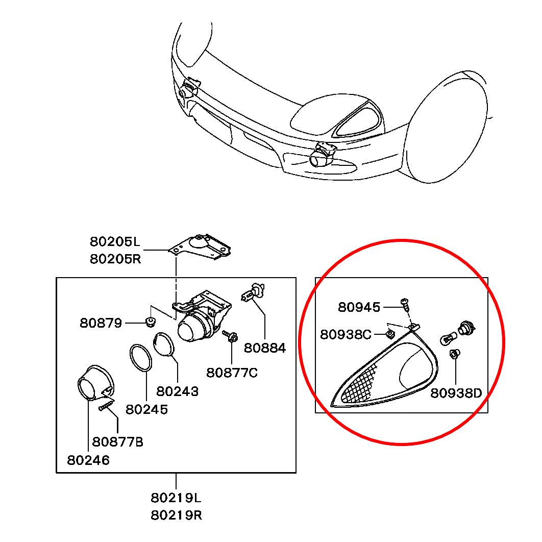 Black-and-white exploded parts diagram showing a curved automotive trim or bumper component, with a highlighted inset circled in red and labeled with part numbers.