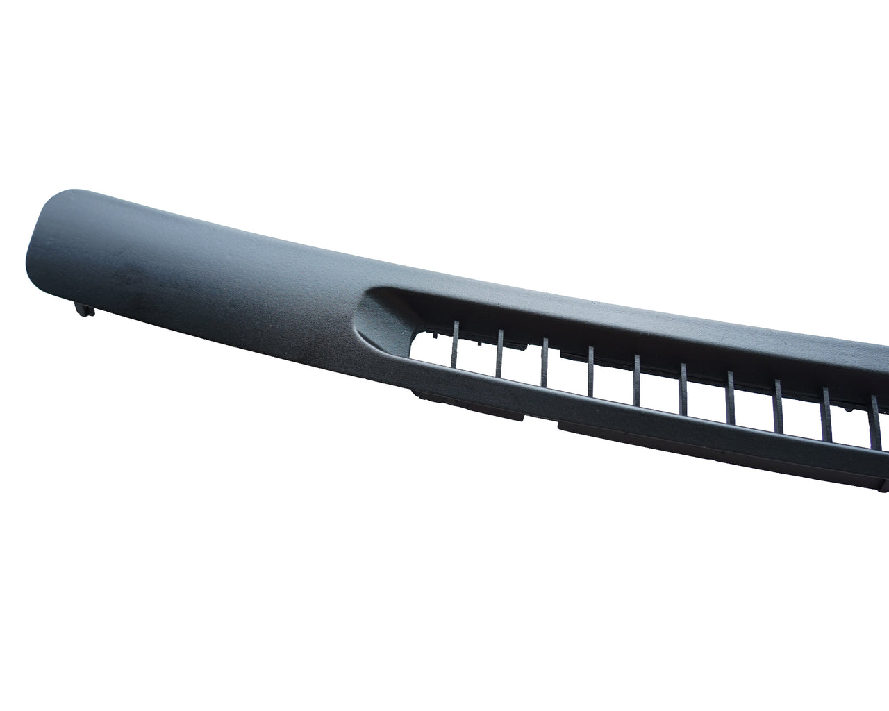 A curved black plastic automotive trim piece with a slotted vented section, shown on a plain white background.